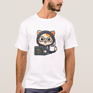 Cute Coder Kat met koffie- en laptop T-shirt