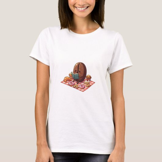 Cute Coffee Bean Reading Book at Pastry Picnic T-shirt (Voorkant)