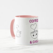 Cute "Coffee & Chill" Kawaii Mug – Coffee Lover GF (Devant gauche)