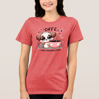 Cute Coffee Puppy Bloemen Kawaii Kunst Cadeau Tri-Blend Shirt