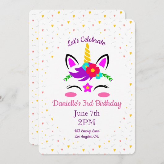 Cute Colorée Unicorn Invitation Anniversaire (Devant / Derrière)