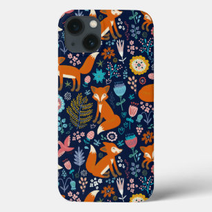 Cute Colorful Birds Flowers Foxes Pattern iPhone 13 Hoesje