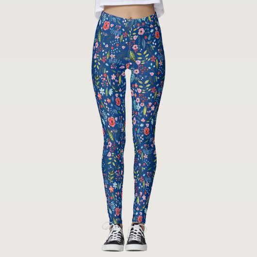 Cute Colorful Botanical Leafs & Flowers Pattern Leggings (Voorkant)