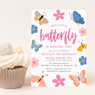 Cute Colorful Butterflies 1st Birthday Party Kaart