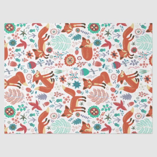 Cute Colorful Flowers & Red Foxes Pattern Tissuepapier (Voorkant)