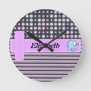 Cute Colorful Flowers Stripes Elephant Ronde Klok