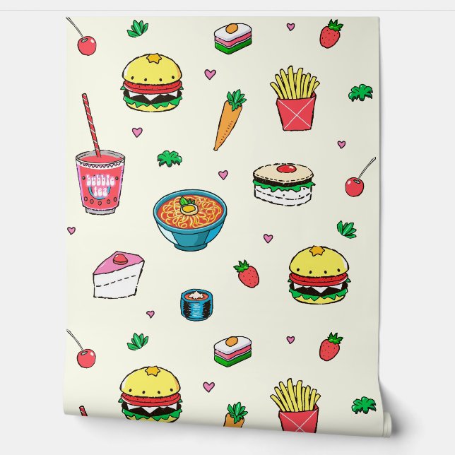 Cute Colorful Food Pattern on White Behang (Afrollen)
