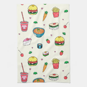 Cute Colorful Food Pattern on White Theedoek