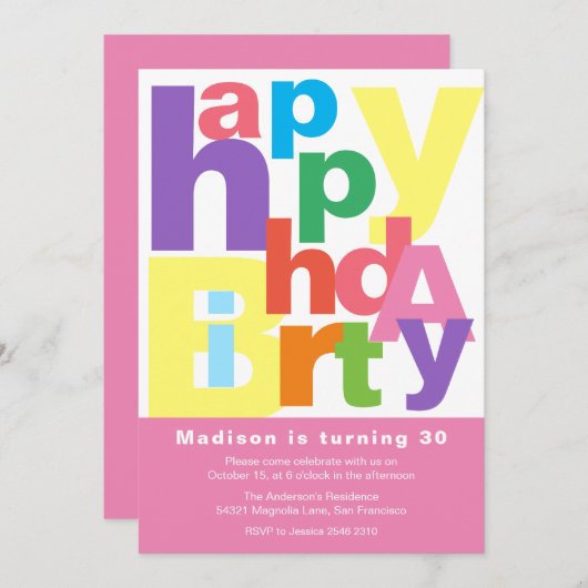 Cute Colorful Happy Birthday Invitation Kaart (Voorkant / Achterkant)