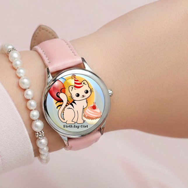 Cute Colorful Kitty Birthday  Horloge (Cute festive girly birthday watch featuring a kitten with balloons and a cupcake)