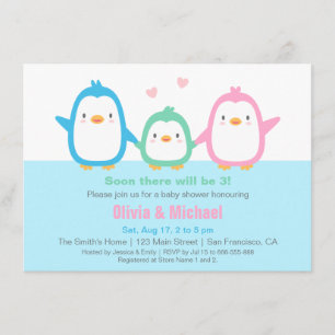 Cute Colorful Penguin Baby Shower Invitations Kaart