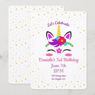 Cute Colorful Unicorn Birthday Invitation Kaart