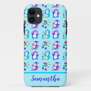 Cute Colorful Winter Penguins Personalized iPhone 11 Hoesje