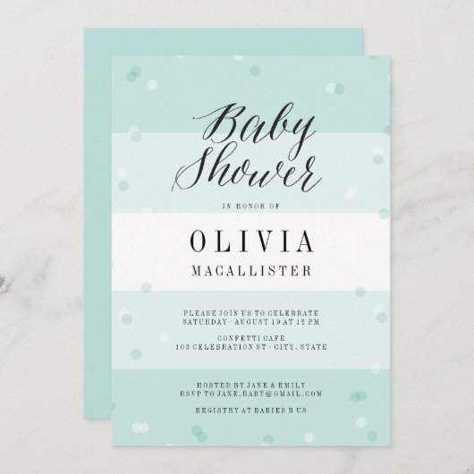 Cute Confetti Aqua Stripes Boy Baby shower nodigt Kaart (Voorkant / Achterkant)