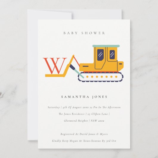 Cute Construction Fork Lift Monogram Baby shower Bedankkaart (Voorkant)