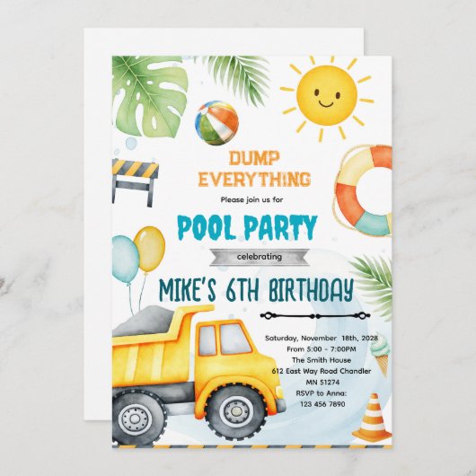 Cute construction pool theme invitation (Devant / Derrière)