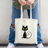 Cute Cool Sitting Black Cat met groene ogen Tote Bag