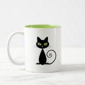 Cute Cool Sitting Black Cat met groene ogen Tweekleurige Koffiemok (Links)