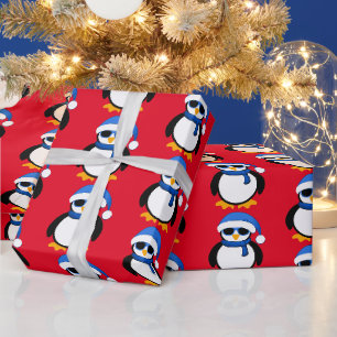 Cute coole pinguïn met kerstwinterpatroon rood cadeaupapier