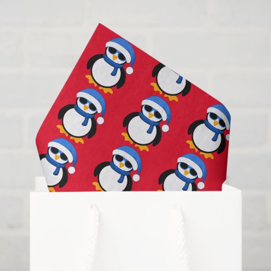 Cute coole pinguïn met kerstwinterpatroon rood tissuepapier (Cadeauzakje)