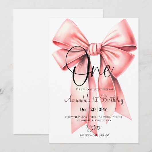 Cute Coquette Bow Invitation Anniversaire (Devant / Derrière)