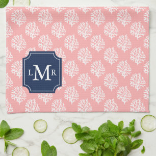 Cute Coral Pattern en Blue Monogram Theedoek
