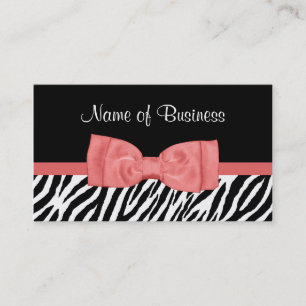 Cute Coral Pink en Black Zebra Print  Bow Visitekaartje