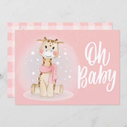 Cute Coral rose Giraffe Baby shower Invitation (Devant / Derrière)