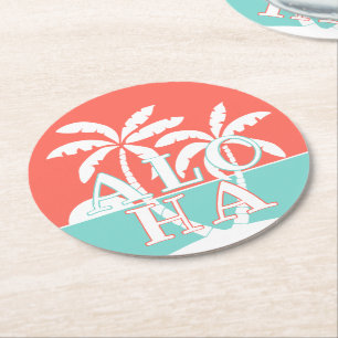Cute Coral Sunset palm Trees op strand Art Motif Ronde Kartonnen Onderzetter