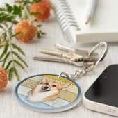 Cute Corgi Dog Retro Background Sleutelhanger (Voorkant Rechts)