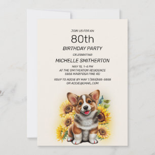 Cute Corgi Dog Sunflower 80th Birthday Kaart
