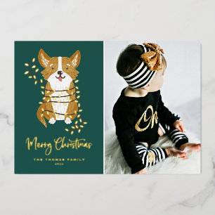 Cute Corgi en String Lights Photo Merry Kerstmis Folie Feestdagenkaart
