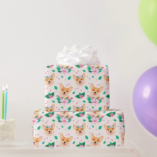 Cute Corgi Floral wrapping Paper Cadeaupapier (Feestgeschenken)