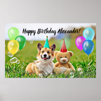 Cute Corgi Happy Birthday Party Poster