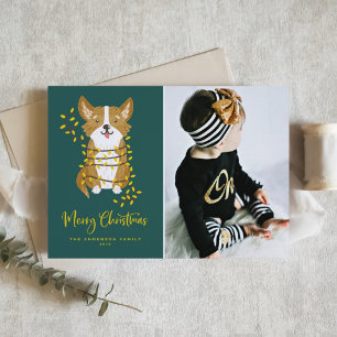 Cute Corgi in String Lights Photo Merry Christmas Feestdagen Kaart