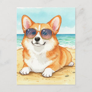Cute Corgi Lunettes de soleil Plage Océan Carte po