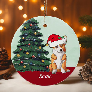 Cute Corgi Santa Hat Monogrammed kerstboom Keramisch Ornament