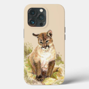 Cute Cougar Mountain Lion Cat Kitten Waterverf iPhone 13 Pro Hoesje