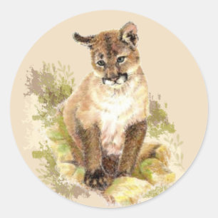 Cute Cougar Mountain Lion Cat Kitten Waterverf Ronde Sticker
