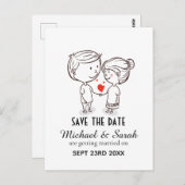 Cute Couple Tekening Save the Date Wedding Briefkaart (Voorkant / Achterkant)