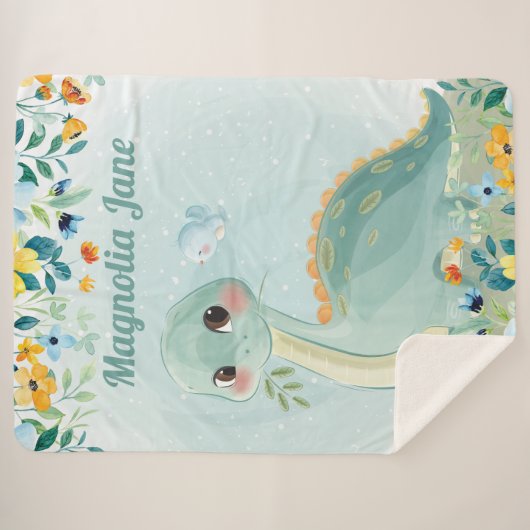 Cute couverture de dinosaure Turquoise avec Fleurs (Devant (Horizontal))