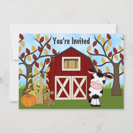 Cute Cow and Barn Automne Anniversaire Invitation (Devant)