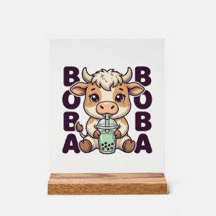 Cute Cow Boba Tea Vintage Gravure T-Shirt Ontwerp Acryl Bord