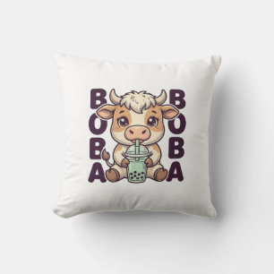 Cute Cow Boba Tea Vintage Gravure T-Shirt Ontwerp Kussen