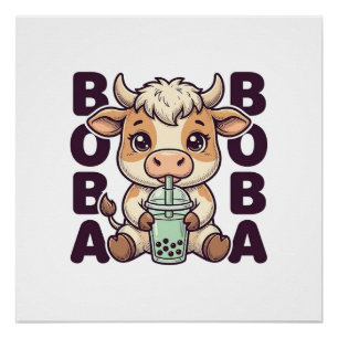 Cute Cow Boba Tea Vintage Gravure T-Shirt Ontwerp Perfect Poster