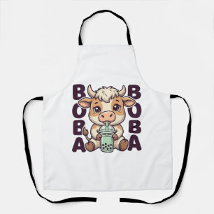 Cute Cow Boba Tea Vintage Gravure T-Shirt Ontwerp Schort