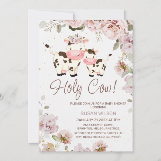 Cute Cow Calf Chic Floral Baby shower Invitation (Devant)