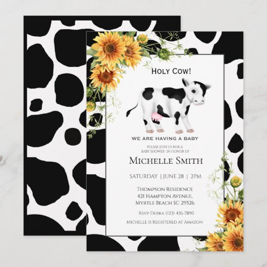 Cute Cow Print Sunflower Baby Shower Invitations (Devant / Derrière)