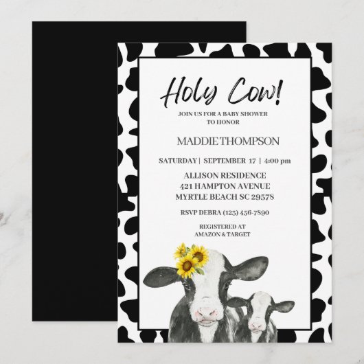 Cute Cow Sunflowers Farm Baby shower Invitation (Devant / Derrière)