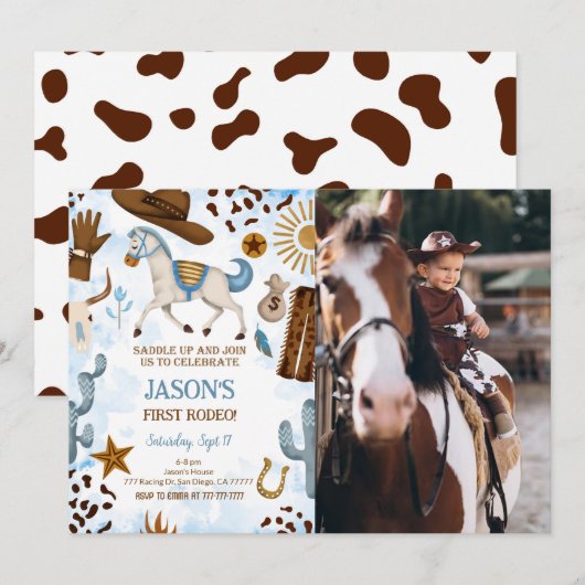 Cute Cowboy Anniversaire Photo Invitation (Devant / Derrière)